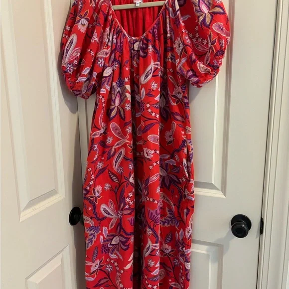 Sundry Red Floral Puff Sleeve Midi Dress - Size 1 - Picture 2 of 4